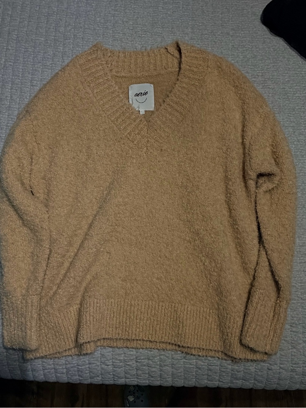 aerie V-Neck Textured Sweater in Camel
